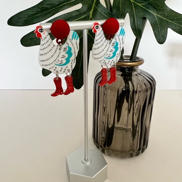 1970's Inspired Chicken in Boots Dangle Earrings - Colorful Retro Drop Earrings - Picture 5 of 14